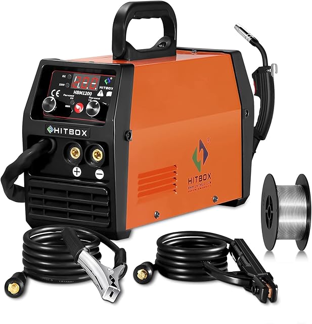 HITBOX 3 in 1 Portable MIG Welder Gasless 130A 240V Digital MIG Welding Machine Flux Core Solid Wire MIG ARC Lift TIG Inverter Welders with Mig Torch & 0.8mm Welding Wire, Best for Welding Beginners