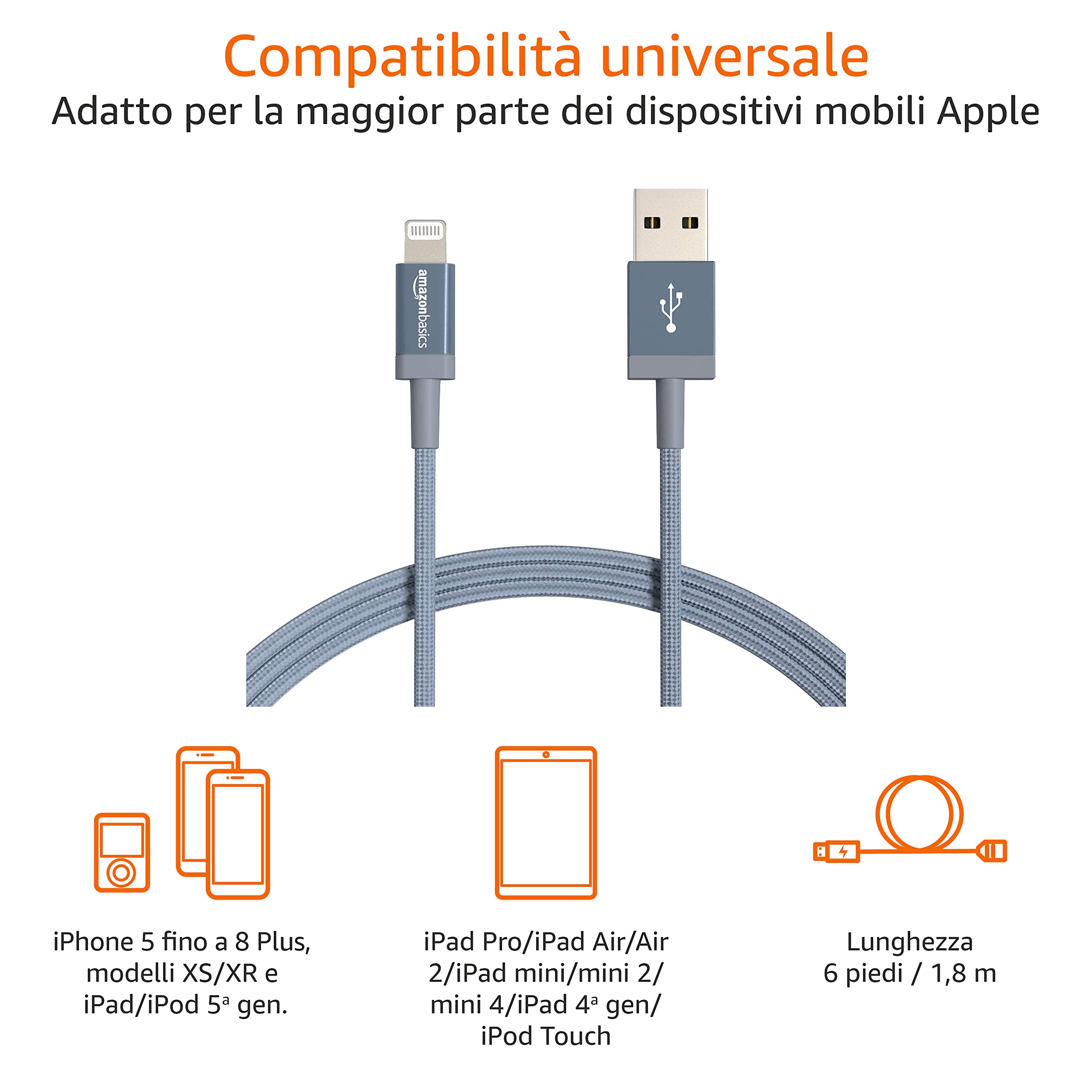 Amazon Basics - Cavo di ricarica USB-A a Lightning, certificato MFi, in nylon intrecciato, per iPhone, grigio scuro, 1.8 m, confezione da 2