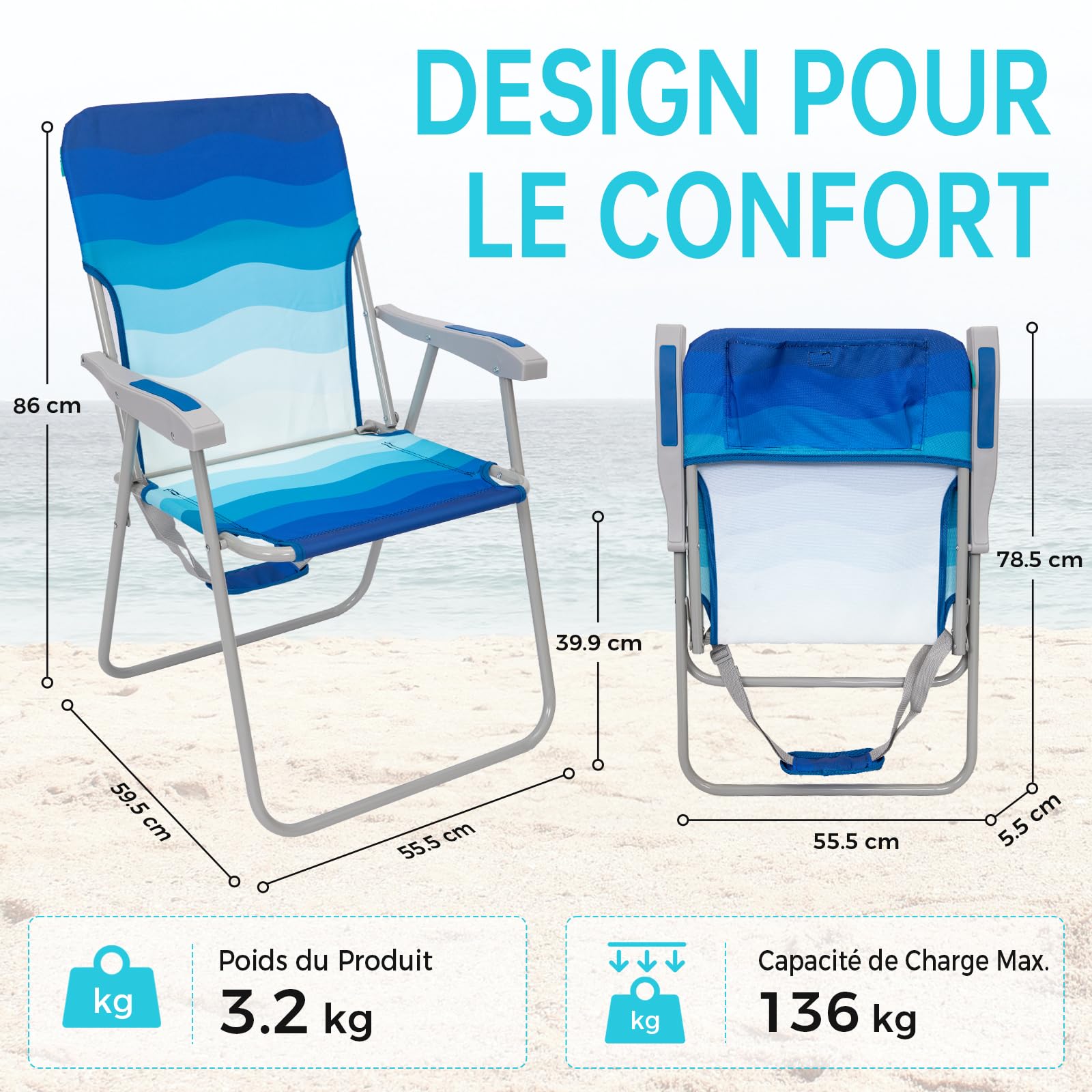 #WEJOY Chaise de Plage Pliable Fauteuil de Plage avec Dossier Haut Chaise de Camping Pliante Chaise de Pêche avec Accoudoirs, Charge Max 136 kg pour Camping Extérieur Plage Jardin Terrasse Lot de 1/2