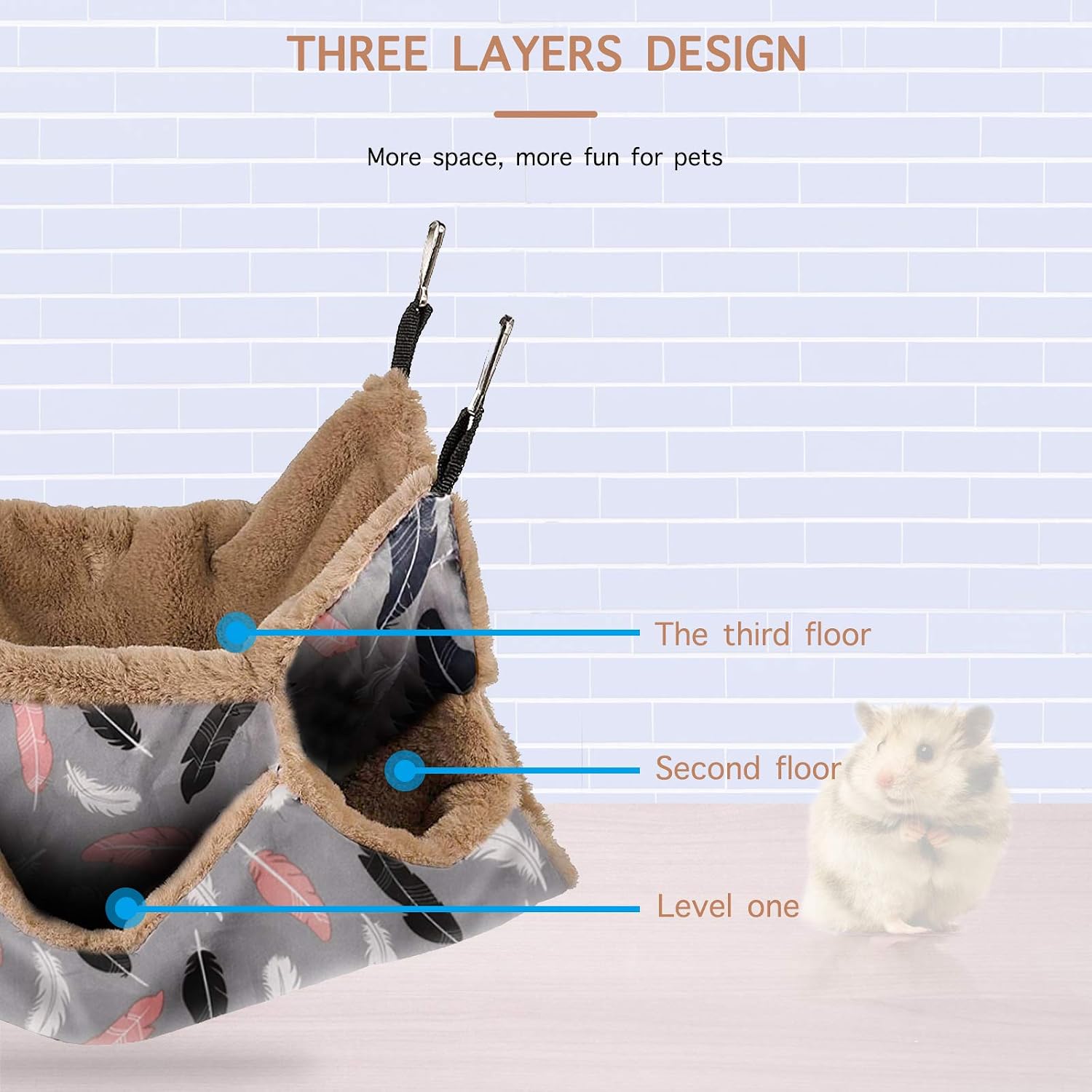 Petmolico Ferret HammockTriple-Layer Hammock Bed Hamster Cage Accessories, Guinea Pig Hammock, Chinchilla Hammock, Warm Hamster Nest, Hammocks for Rats(13.8 * 13.8Inches, Brown Feather)