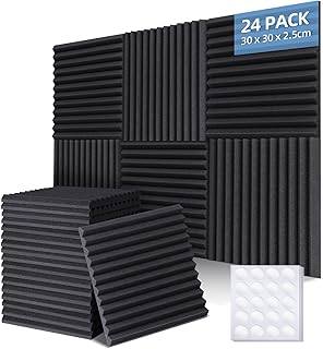 Ohuhu Schallschutzplatten 24 Stück mit Aufkleber, 30 x 30 x 2,5 cm Akustikschaumstoff Schallschutz Schalldämmung Akustikpaneele für Tonstudio Podcasts Gaming Deko