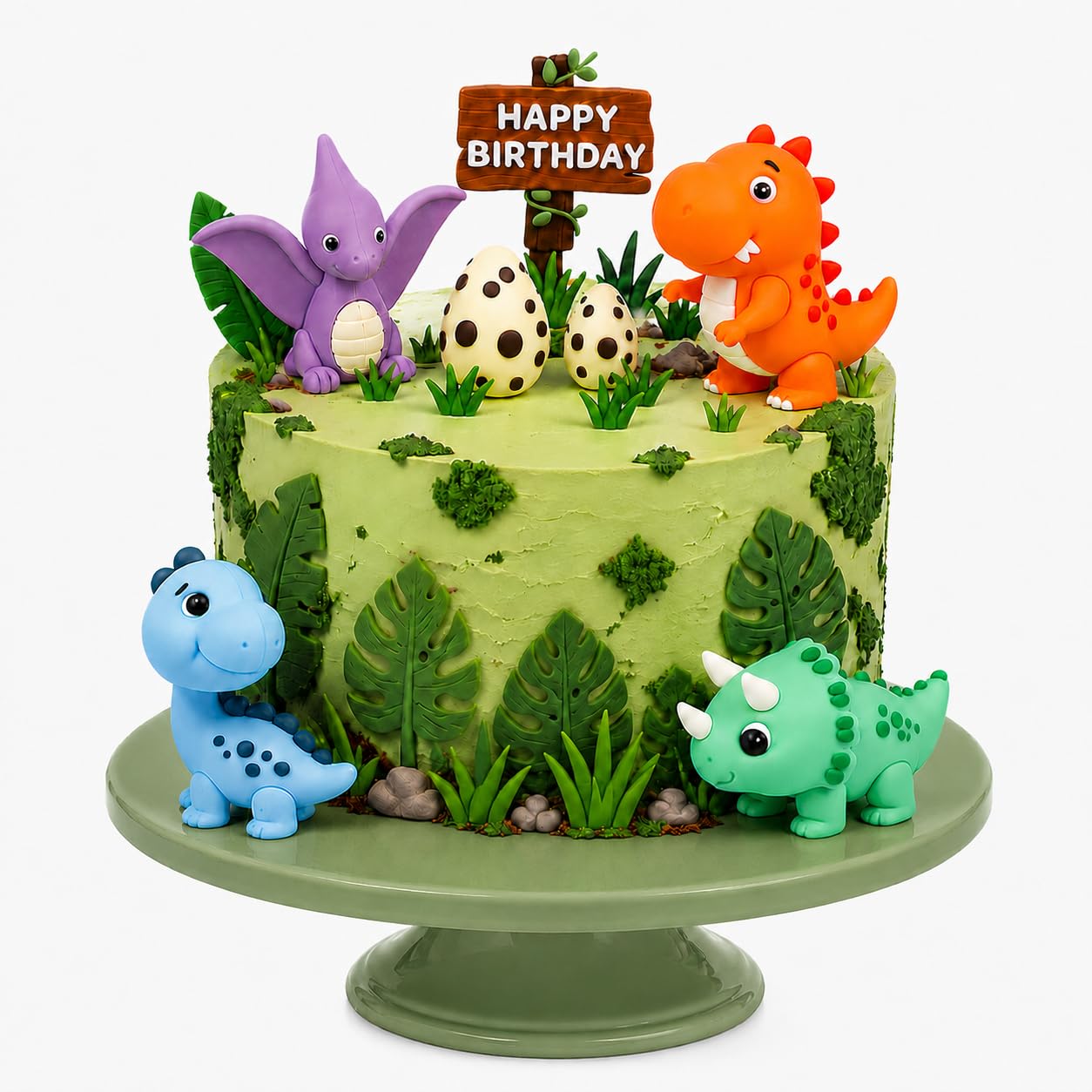 17-częściowa dekoracja tortu 3D z jajkami dinozaurów, liśćmi i tabliczką "Happy Birthday", na urodziny dziecka, imprezę tematyczną i baby shower, dekoracja tortu dla chłopców i dziewczynek