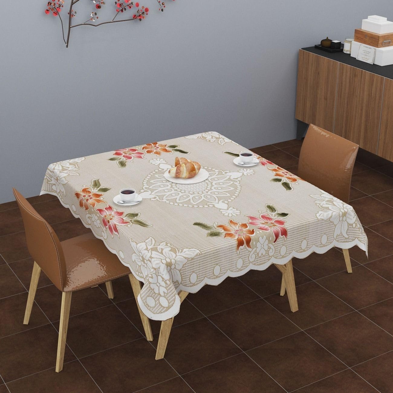 Floral Net Table Cover, 102 x 152 Centimeters, Yellow, for Dining Table-image-39