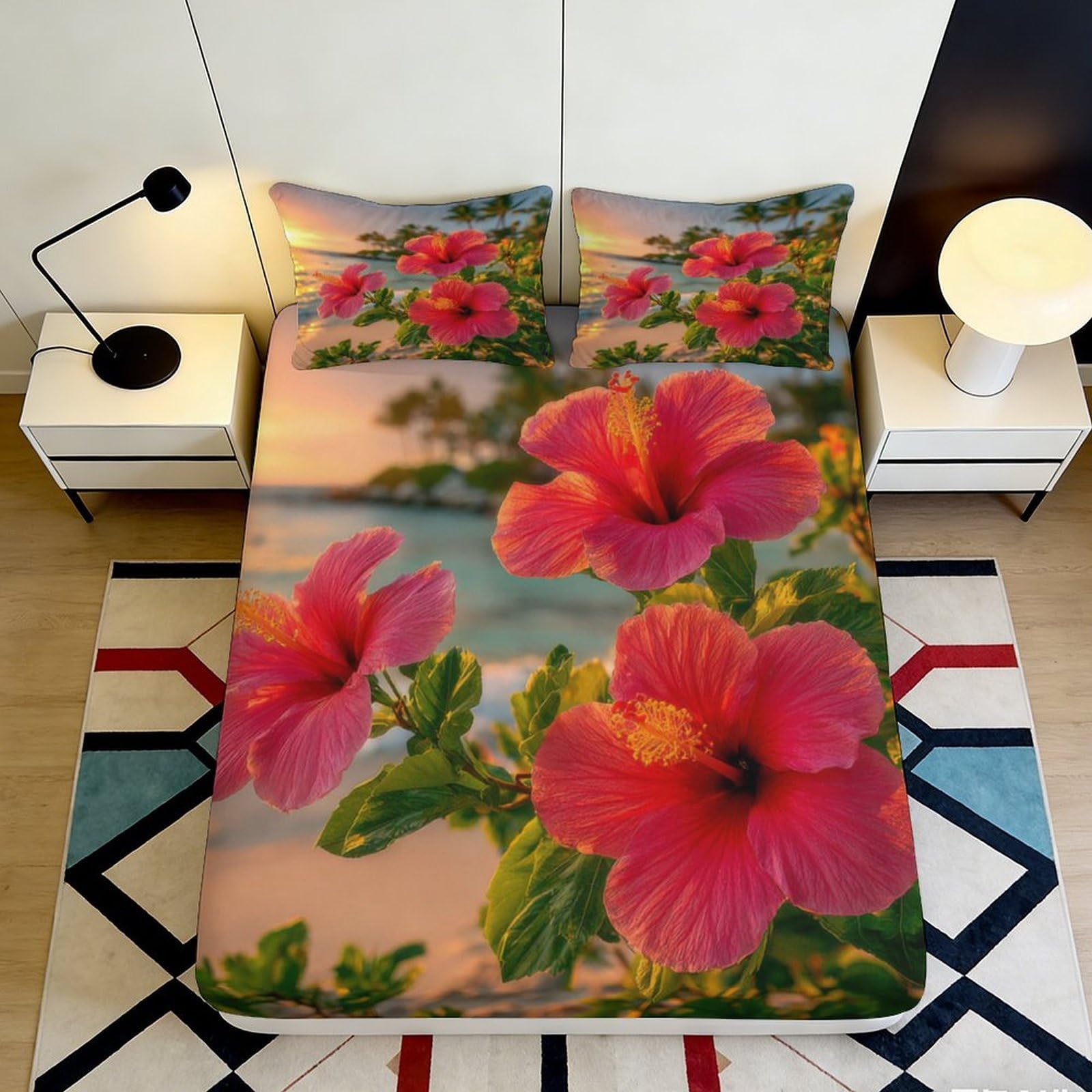3D Printed Tropical Hibiscus Fitted Sheet Microfiber Soft Breathable Sunset Beach Mattress Cover for Bedroom Dorm Decor 90x200x25cm
