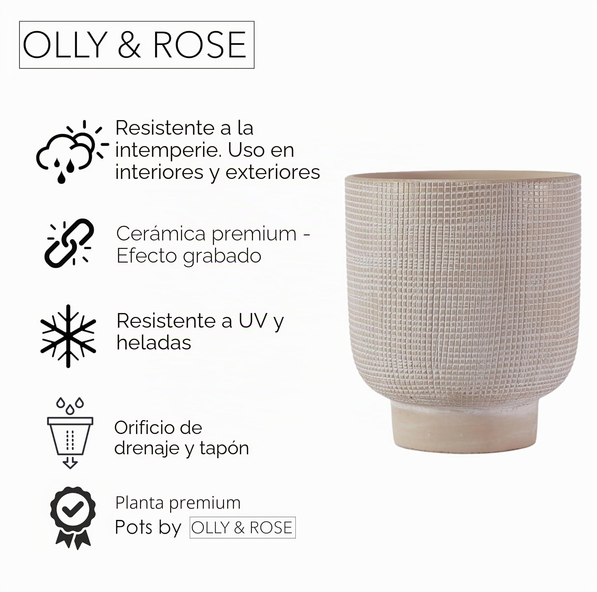 Olly & Rose Barcelona - Maceta elevada de cerámica de 22,5 x 24,5 cm, color beige claro, macetas grandes para exteriores e interiores, macetas beige