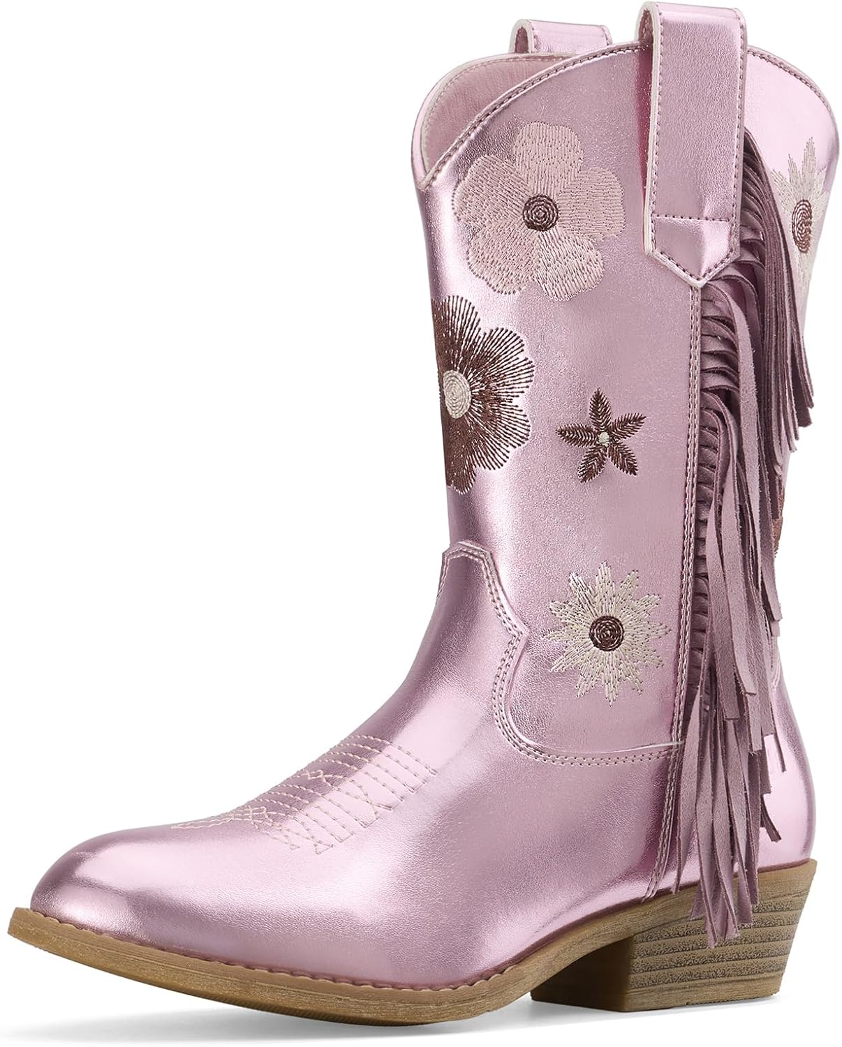 Rollda Girls Cowboy Boots, Cowgirl Boots with Tassel, Floral Embroidered Kids Western Boots for Toddler/Little Kid/Big Kid