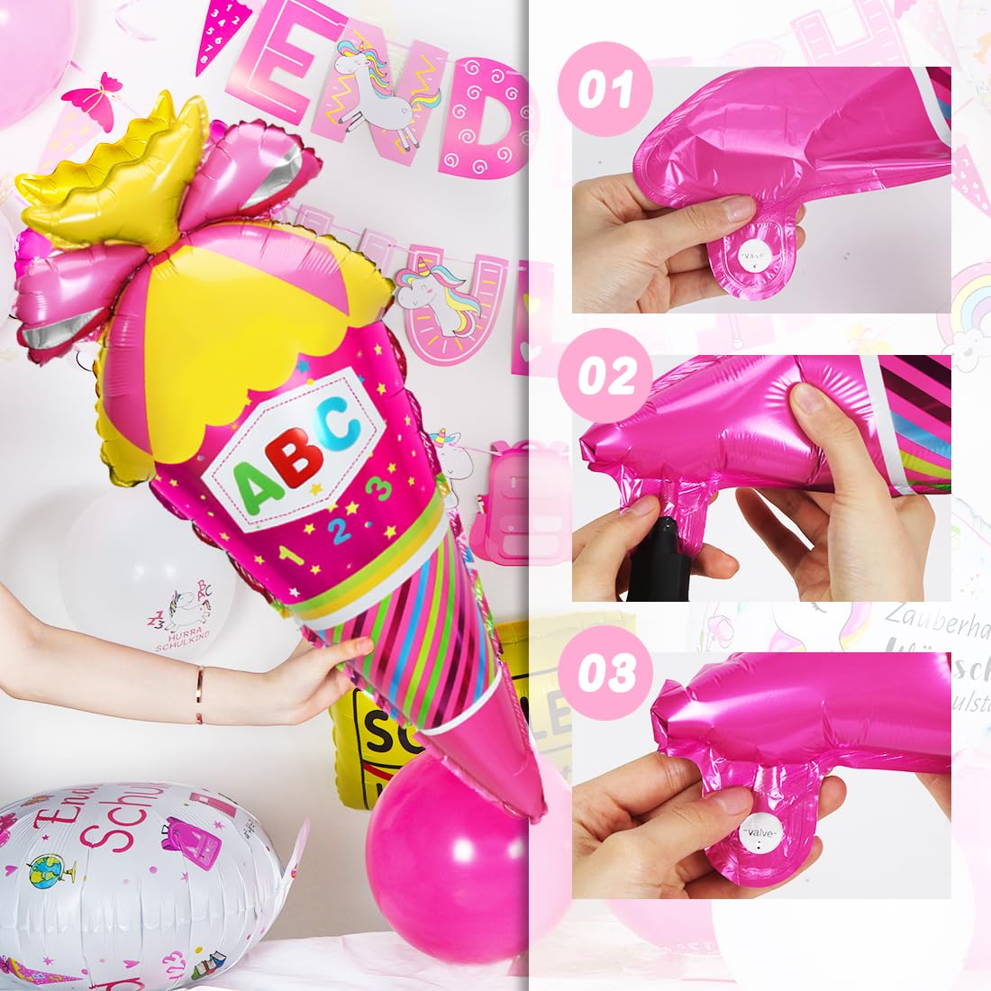 Decorazione per l'inizio della scuola a tema unicorno, palloncino in pellicola e striscione per bambini