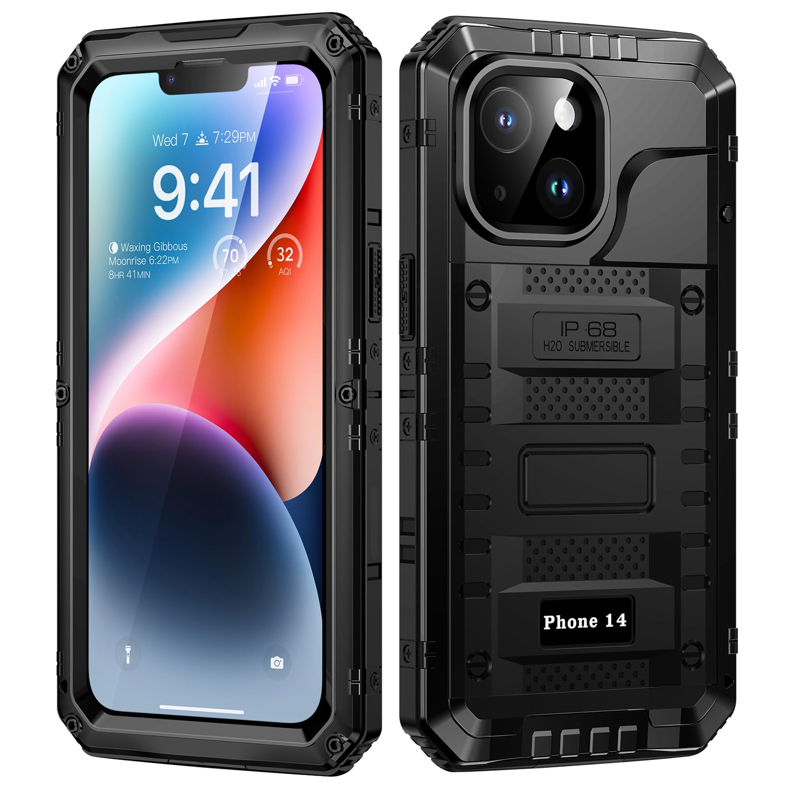 Lanhiem Coque pour iPhone 14 Étanche, IP68 Imperméable Métal Militaire Antichoc, Incassable 360 Intégrale Etui avec Protège-Écran Intégré pour iPhone 14, Noir
