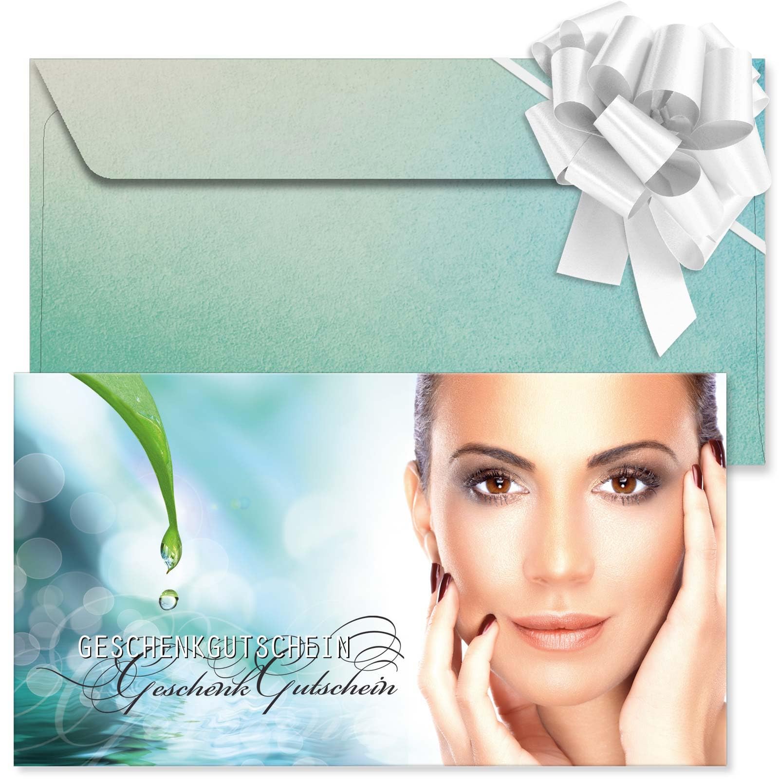 GESCHENKGUTSCHEINcom - 50 Gutscheine mit Umschlag/Schleife für Kosmetikinstitut Kosmetik Wellness - Geschenkgutschein-Vordruck blanko MA1706-2-50
