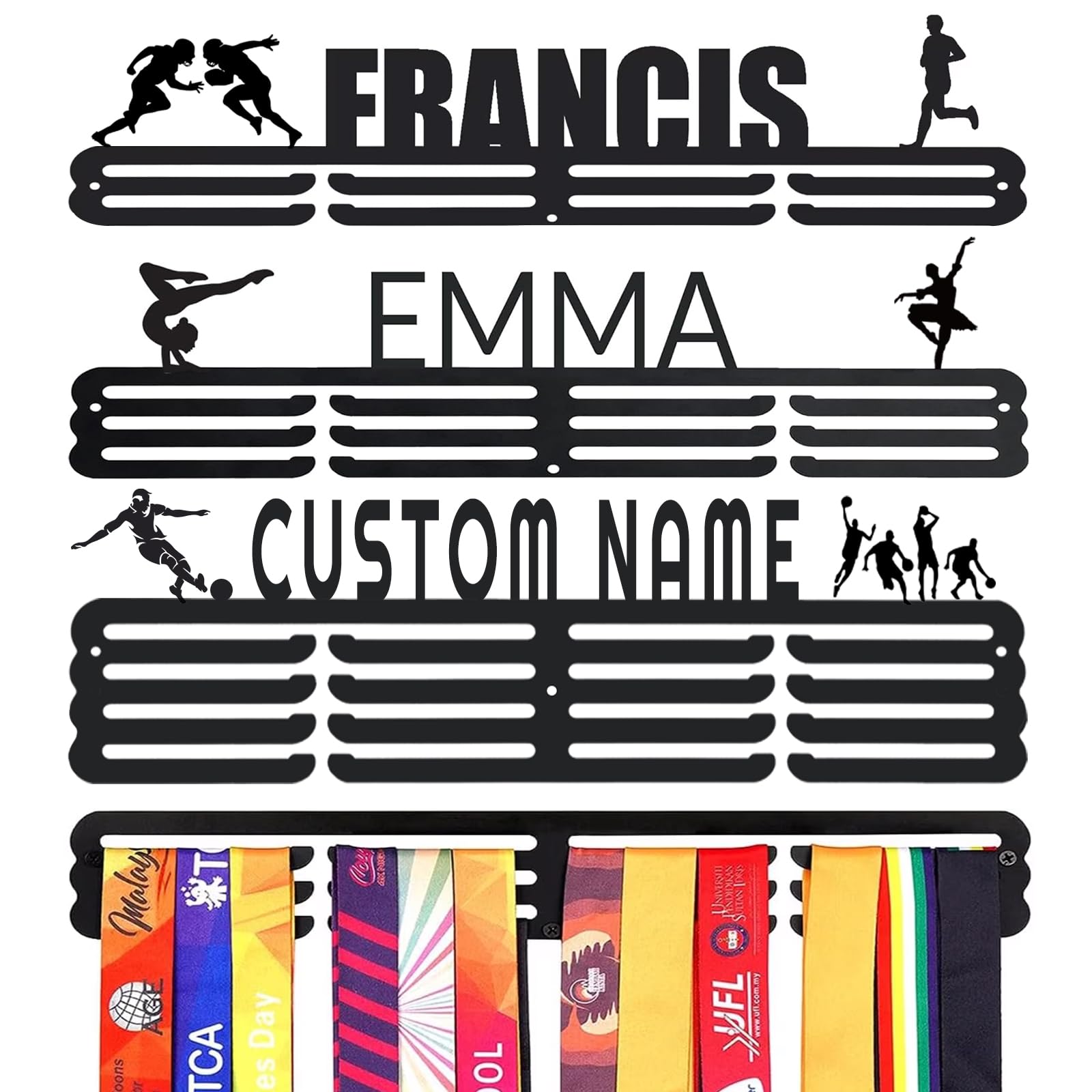 Personalized Medal Hanger Wall Display - Custom Name Engraved Metal Holder for Sports Awards Ribbon, Home Decor Gift for Athletes