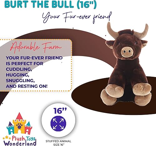 Burt The Bull - Peluche de recuerdo de toro de 16 pulgadas, suave y abrazable, regalo de peluche realista para sorpresas de cumpleaños, niños