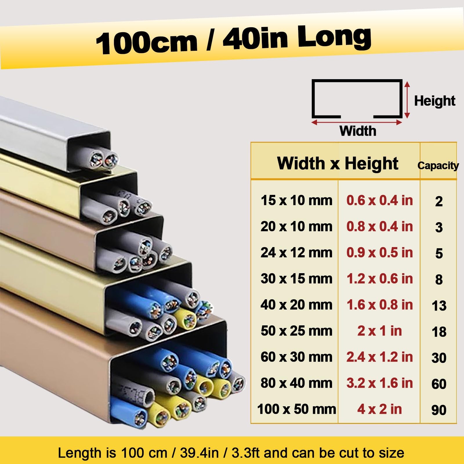 canalina passacavi Nascondere I Cavi - Canalina Copricavi Autoadesiva Per Pareti, Confezione Da 2 Canaline Quadrate Per Battiscopa Ethernet, Kit Di Gestione Per Canaline Di Linea(Gold,WxH- 100x50 mm)