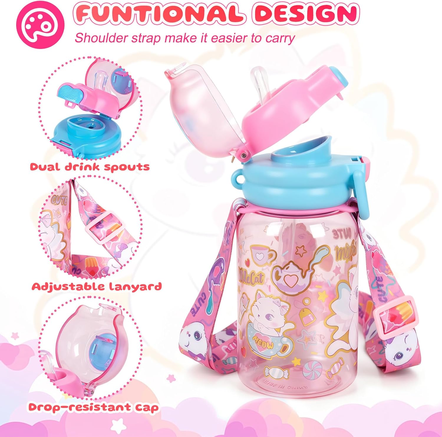Kids Water Bottle with Pop-Open Straw & Spout 2-in-1 Lid, 20oz Leak-Proof Tritan Plastic BPA-Free Kids Cup with Strap for School Travel Sports Girls Toddler, Cat - Image 6