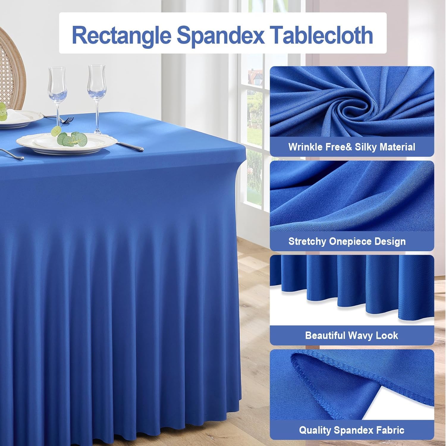 NSSONBEN 2-Pack Royal Blau Spandex Tischdecke für 180cm Rechteck Tische, Faltenfreie Stretch Tischdecke mit Rock für Bankett Party Hochzeit Geburtstag Meeting Display Dekoration Tischdecken