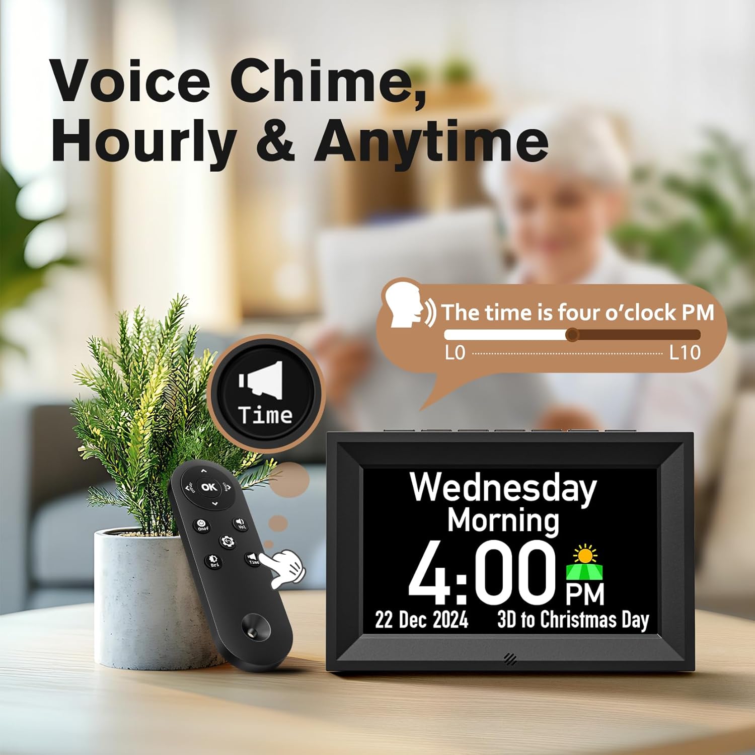 GOLOZA 7-inch Digital Dementia Clock with remote control, illustrating the voice chime feature and volume levels.
