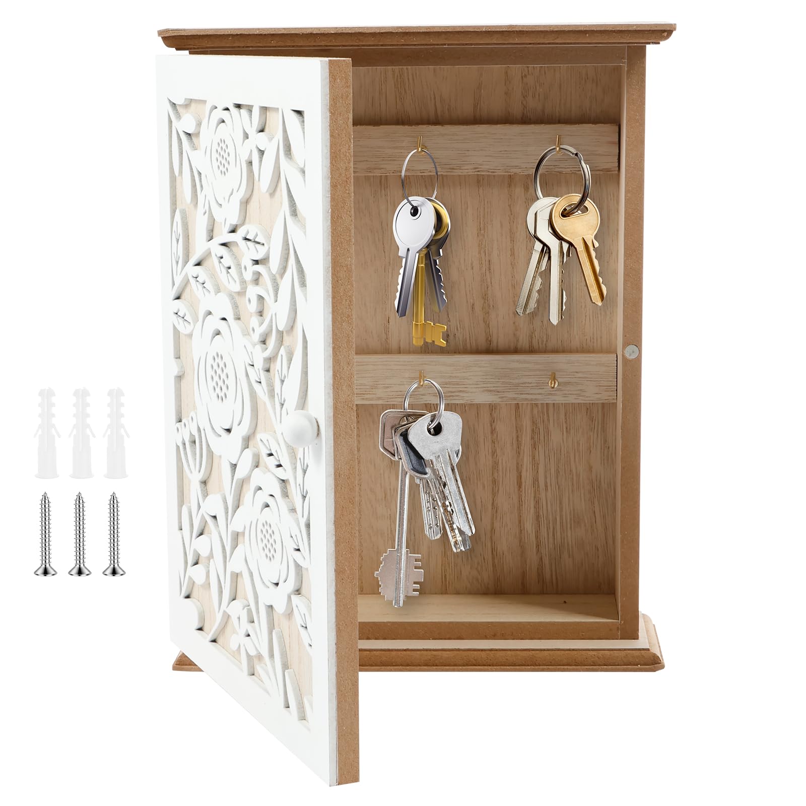QINGLANG Key Cabinet Wall Mounted with 6 Key Hooks Wooden Key Holder for Wall Decorative Key Box Farmhouse Key Rack Key Hanger Key Safe Cupboard for Home Office Entryway