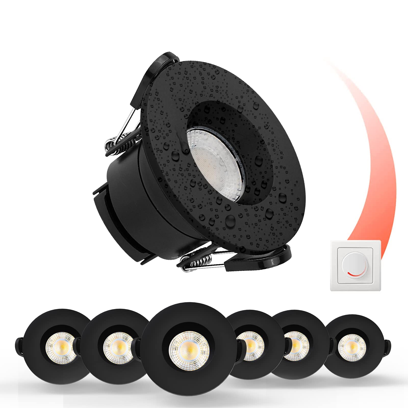 paul russells LED Recessed Downlight, Dimmable Warm/Cool/Day White 3 Adjustable CCT, 6Watt, IP65 Water, Dust & Fireproof Round Spotlight with Fixed Bulb and Black Bezel Ceiling Lights, 6 Packs — image 1