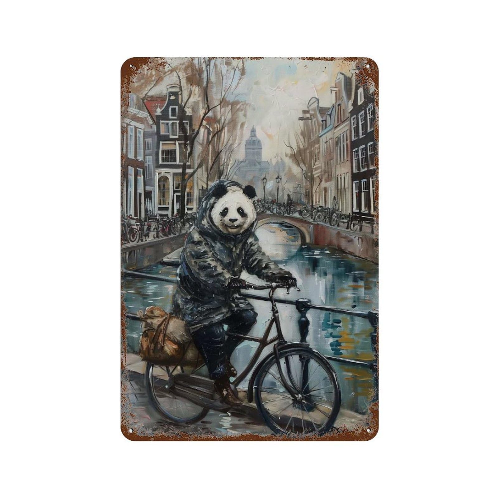 Panda Bicycle Amsterdam Vintage Rust Metal Sign 11.8"x7.9", for Garage, Bar And Workshop Decor, Decorative Metal Wall Art