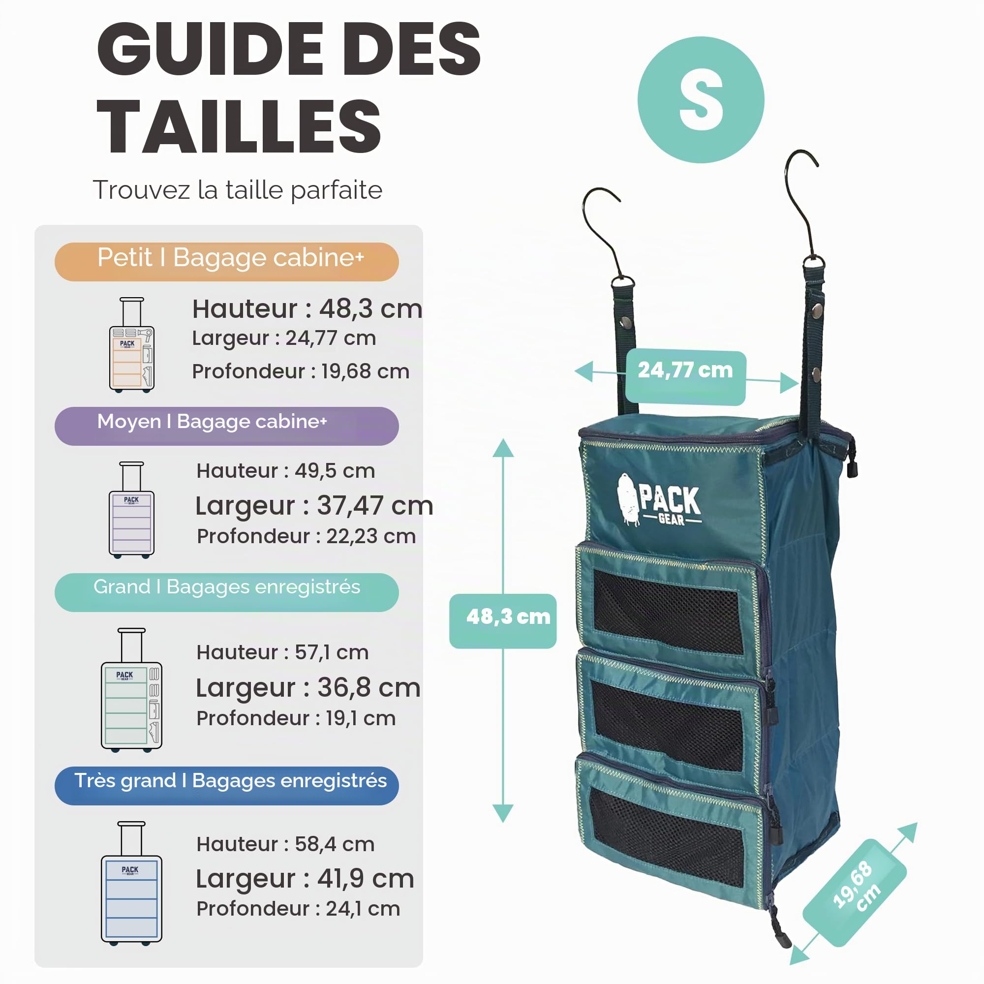 Pack Gear Organiseur de bagage à main à suspendre – Notre organiseur de bagages à suspendre standard s'adapte à tous les bagages à main – Nos cubes d'emballage pour voyager utilisent des fenêtres en