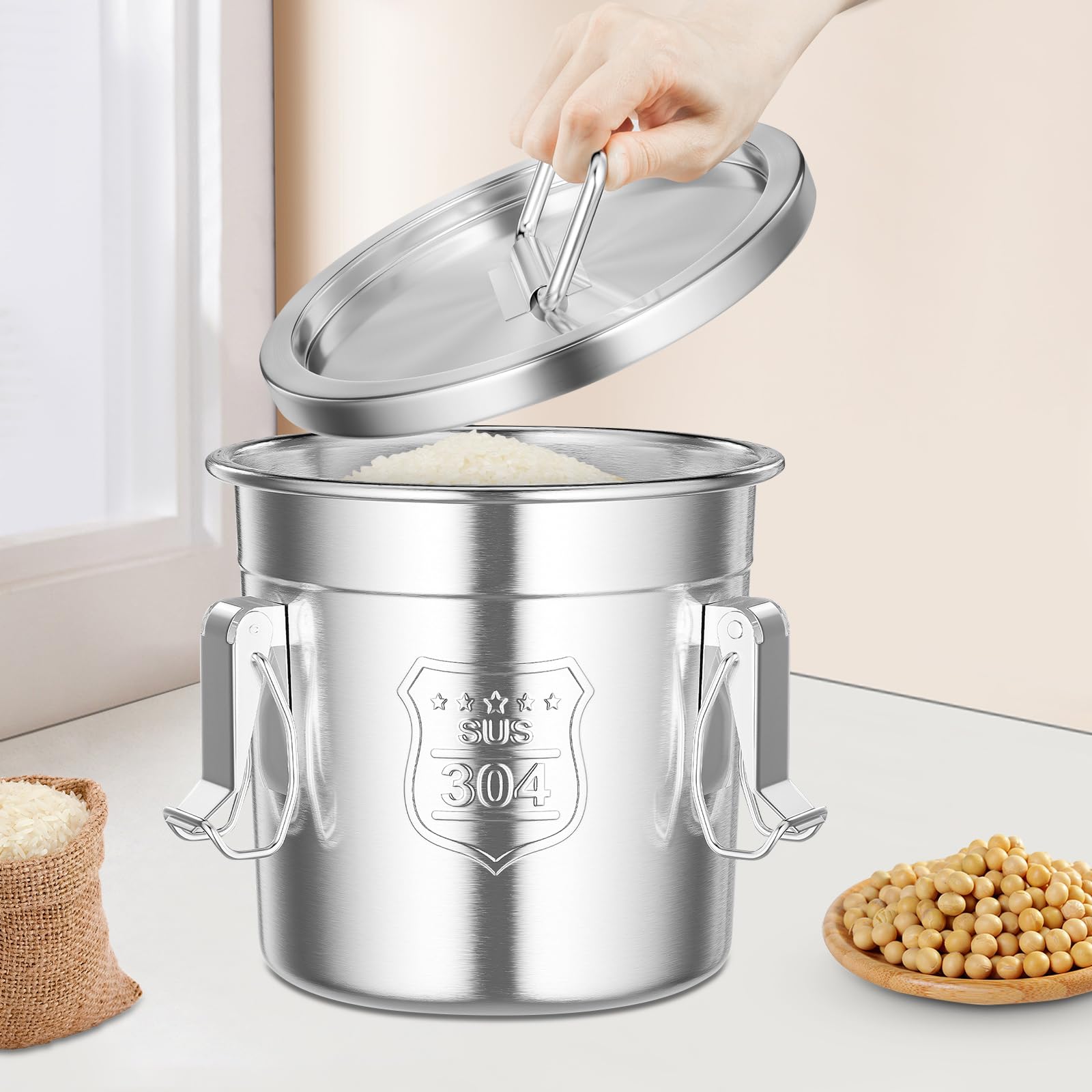 Depósito de cereales de acero inoxidable, 6 L, sistema de cierre de aroma con 3 barras, recipiente hermético para arroz, harina y cereales, incluye asas y anillo de goma