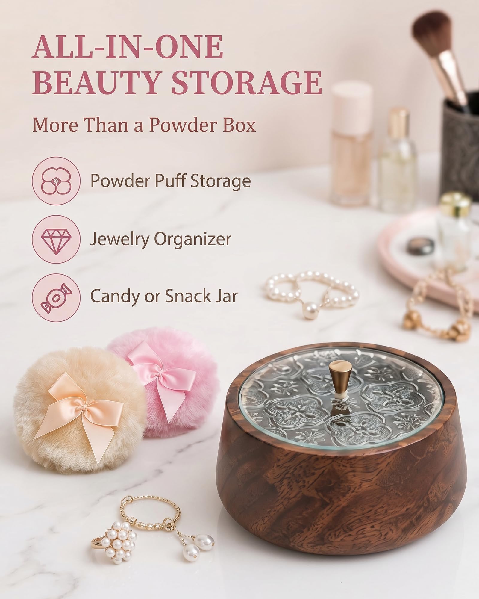 Large Wood-Grain Body Powder Container with 2 Washable Puffs