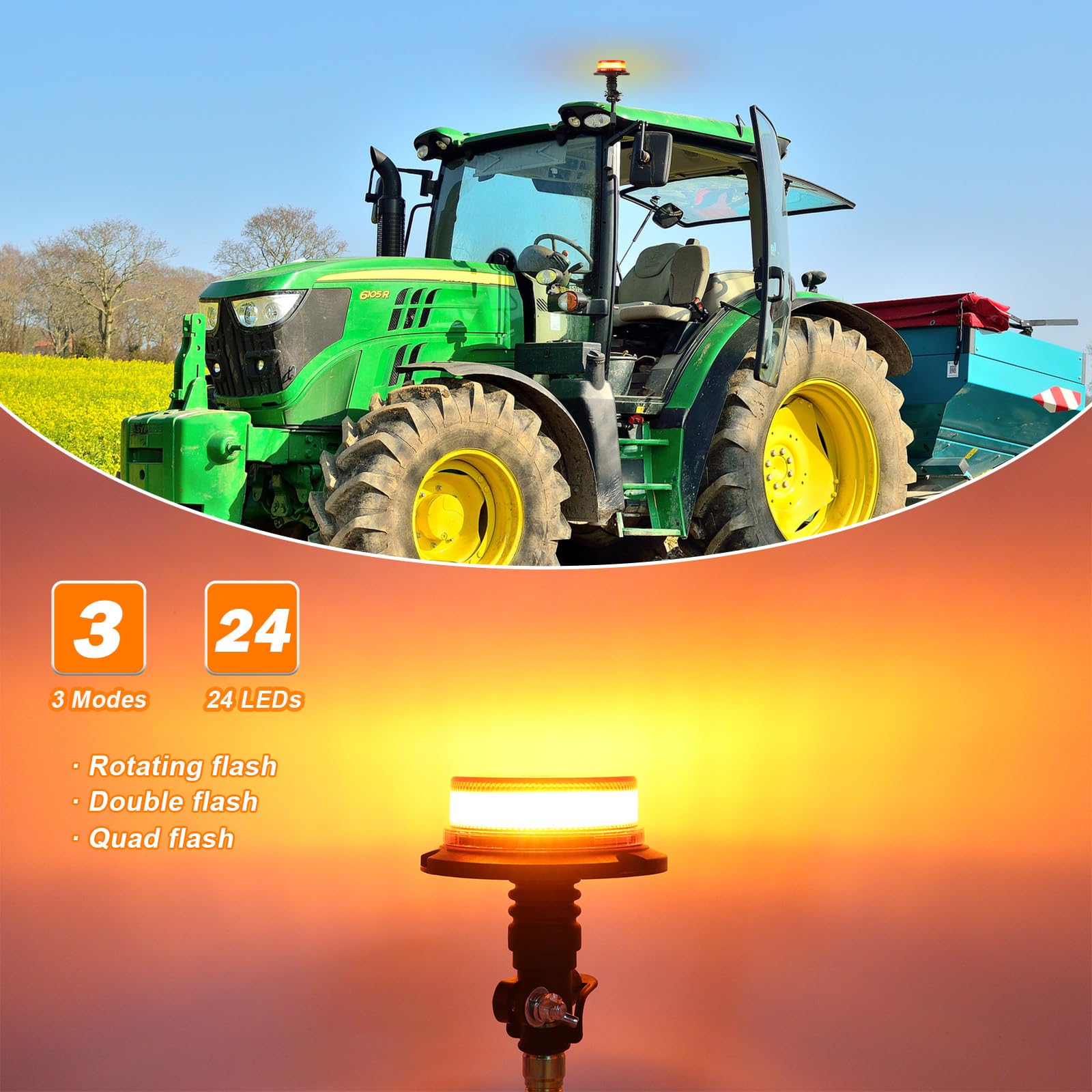 Luz Estroboscópica LED Ámbar 24 LED 3 Modos para Tractores Maquinaria Agrícola