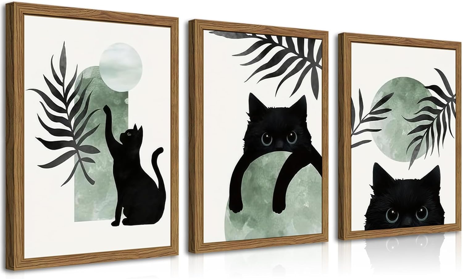 Framed Sage Green Cat Wall Art Set of 3, Natural OAK Wood Frame Boho Cute Black Cat Wall Decor Paintings, Minimalist Animal Aesthetic Canvas Posters Prints for Living Room Bedroom Bathroom 16x24In Green 16x24In