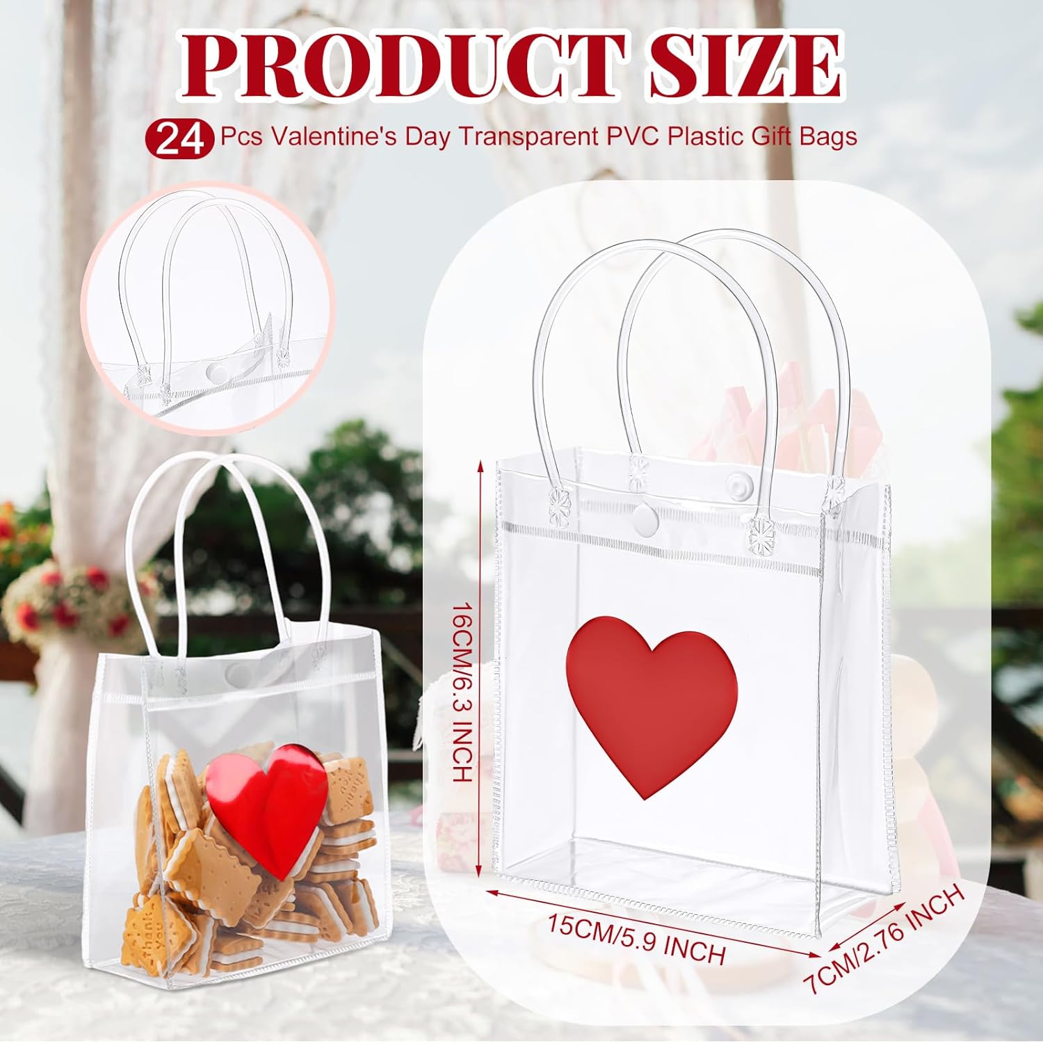 Glenmal 24 Pcs Valentines Day Clear Gift Bags with Handle Transparent PVC Plastic Red Heart Love Reusable Shopping Tote Wrap Bags for Valentines Weddings - Image 2