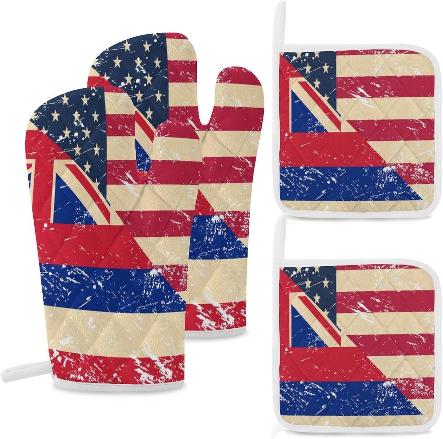 Vintage U.S.A and Hawaii State Flag Oven Mitts and Pot Holders 4Pcs Set Heat Resistant Cooking Mitts Hot Pads