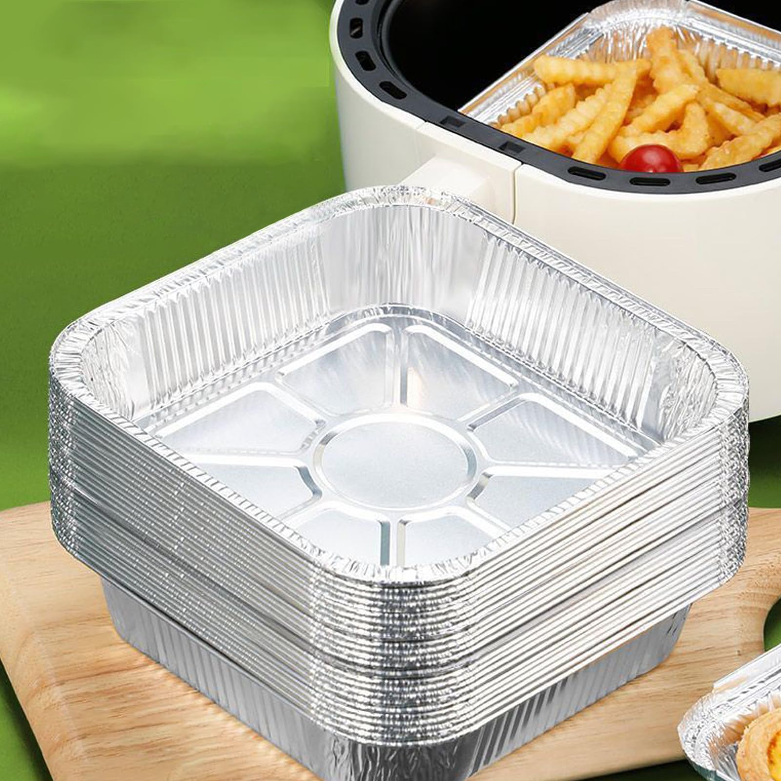 Paquete de 20 sartenes de aluminio de 8 x 8 pulgadas con tapas de plástico transparente de 8 pulgadas, moldes cuadrados desechables con tapas, bandejas de aluminio para asar para llevar, horno