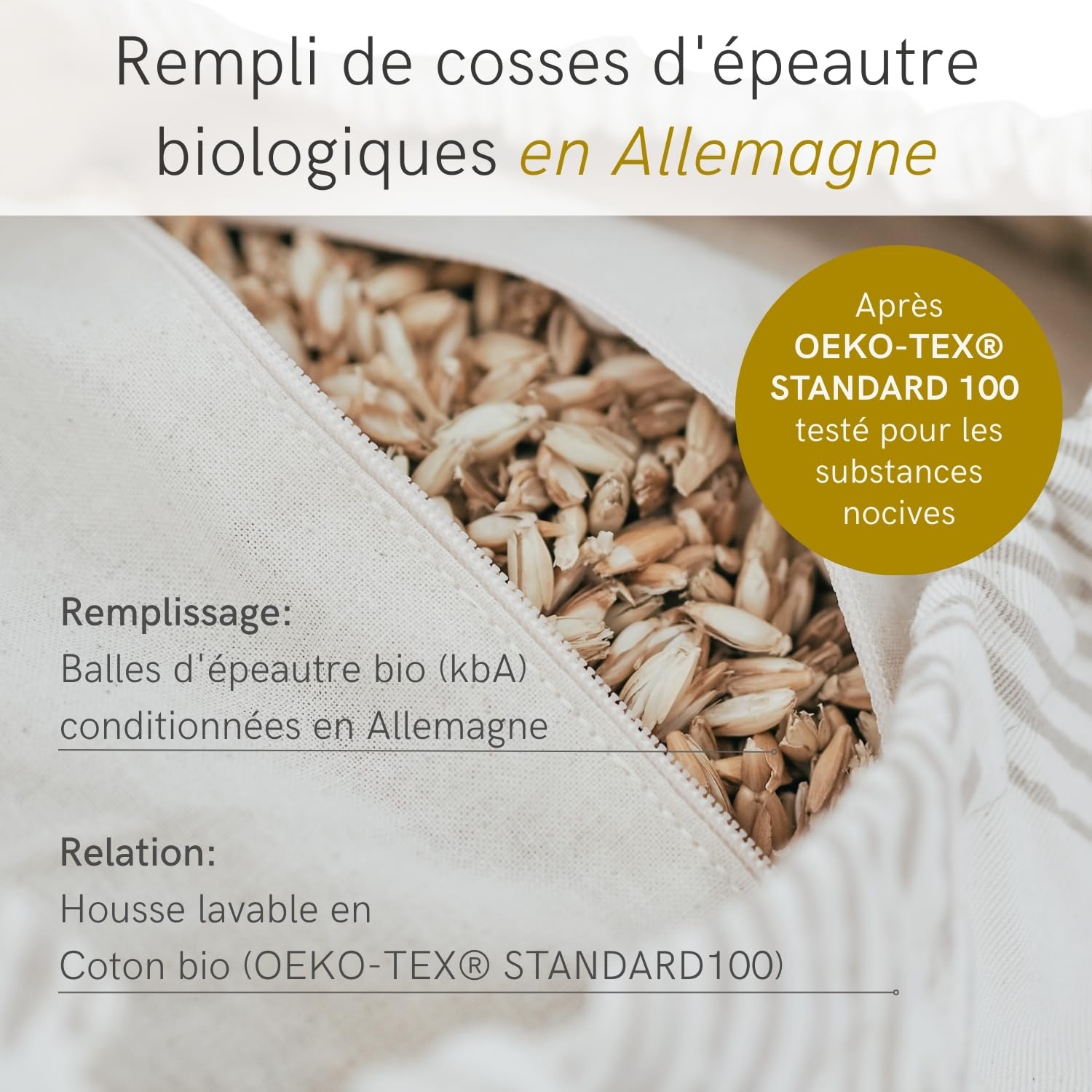 LOTUSCRAFTS Rouleau de yoga pour Yin Yoga, certifié GOTS, rouleau de avec rembourrage en épeautre, housse en coton lavable, bolster, coussin yoga, pilates