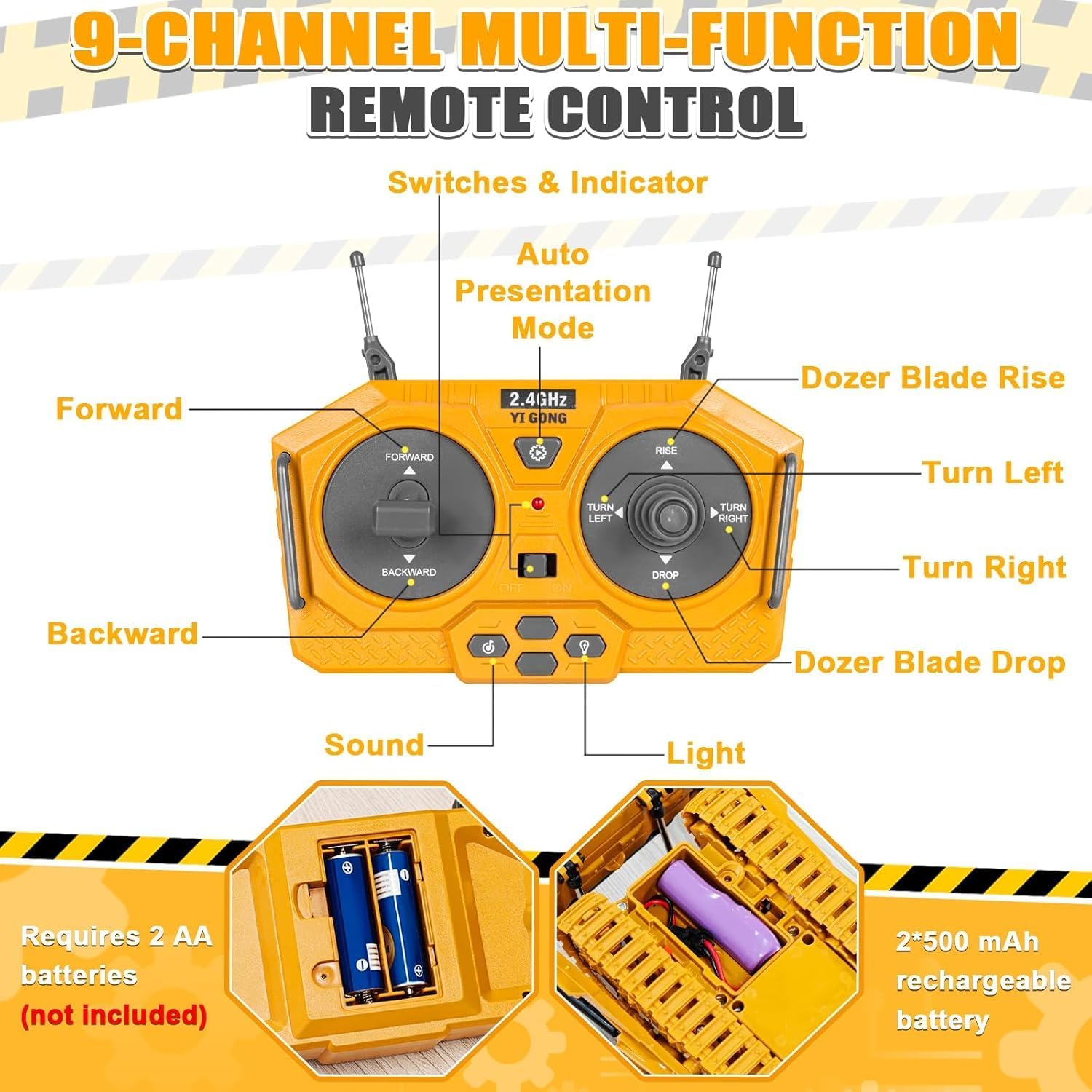 Babelly 9-Channel Remote Control Bulldozer Toy | 1:24 Scale RC Excavator & Front Loader Truck | Alloy Shovel, Lights & Sound | Construction Vehicle for Kids(9-Channel Bulldozer Toy) 2