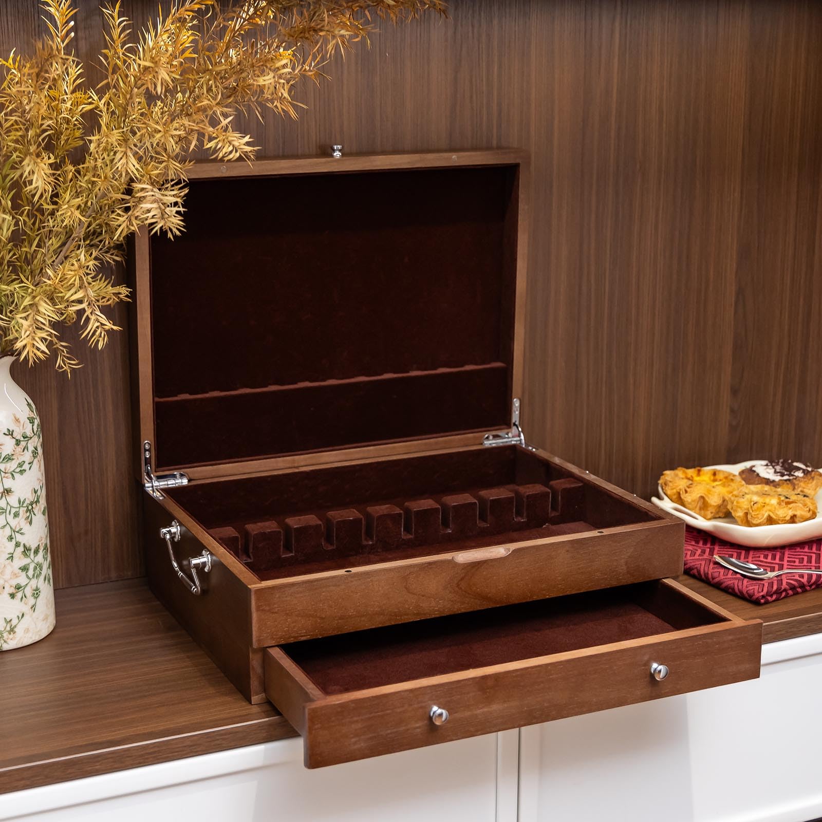 Besteck-Aufbewahrungsbox mit Deckel, doppellagig, Besteck-Aufbewahrungsbox mit Griff, Bestecktruhe für Silber, Besteck-Boxen für Besteck-Organizer, Bestecktruhe ohne Besteck