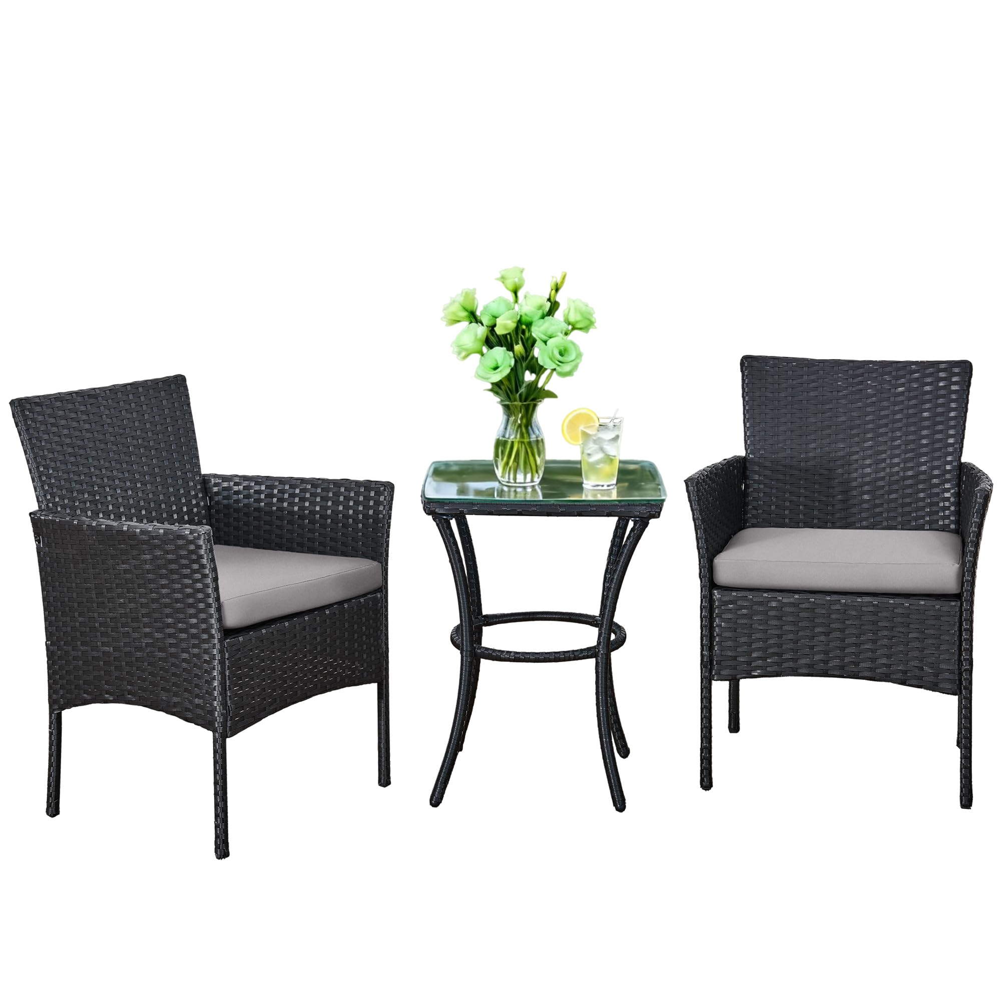 Yaangagpe 3 Piece Black Rattan Bistro Set, Garden Furniture with 1 Coffee Table, 2 Single Rattan Chairs & Removable Cushions for Balcony, Backyard, Porch & Conservatory