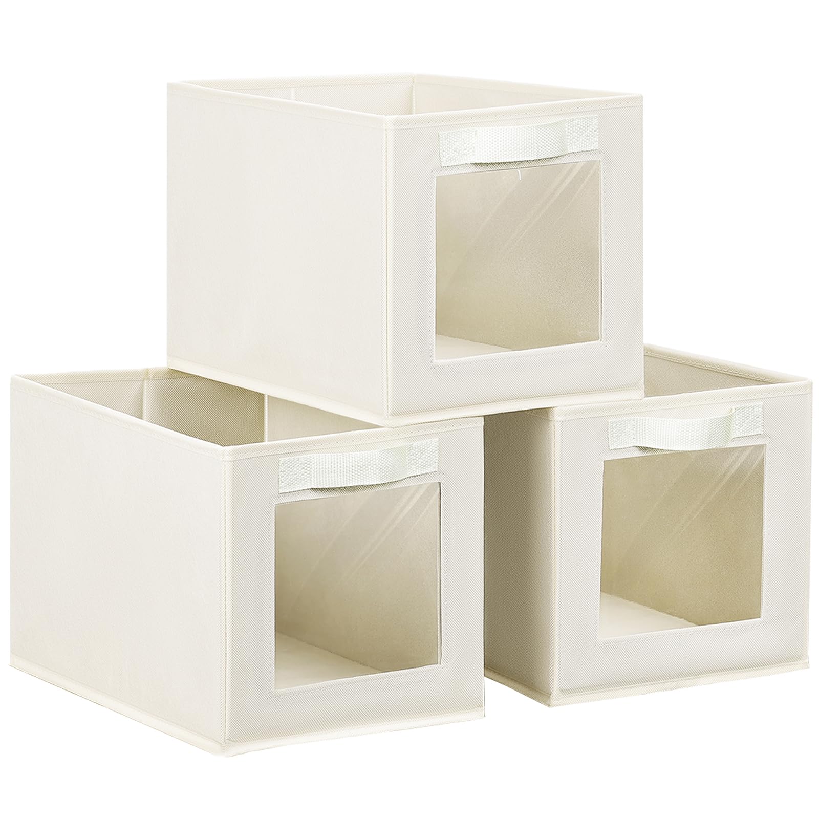 DIMJ Foldable Storage Boxes with Transparent Window Fabric Collapsible Storage Bin Basket with Handle for Wardrobe, Closet, Shelves Organiser (34 * 23 * 23 cm, Beige)