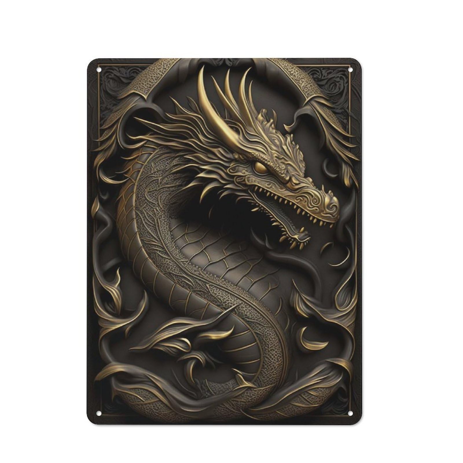 Junmoney Style-8 For Hobby Room Or Studio, Dragon Gold Relief Deco Rustic Tin Wall Plaque 40X30cm, For Vintage Wall Decor Fans, For Metal Sign Collectors