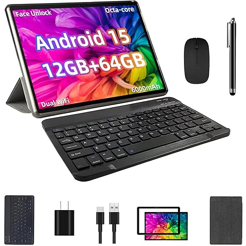 Android 15 Tablet, 12GB+64GB+1TB Expand, 10 Tablet Bundle with Keyboard Case, Stylus Pen, Octa-core CPU, Dual Camera, WiFi6, 6000mAh Battery+18W Fast Charge, Support Face Unlock,Black