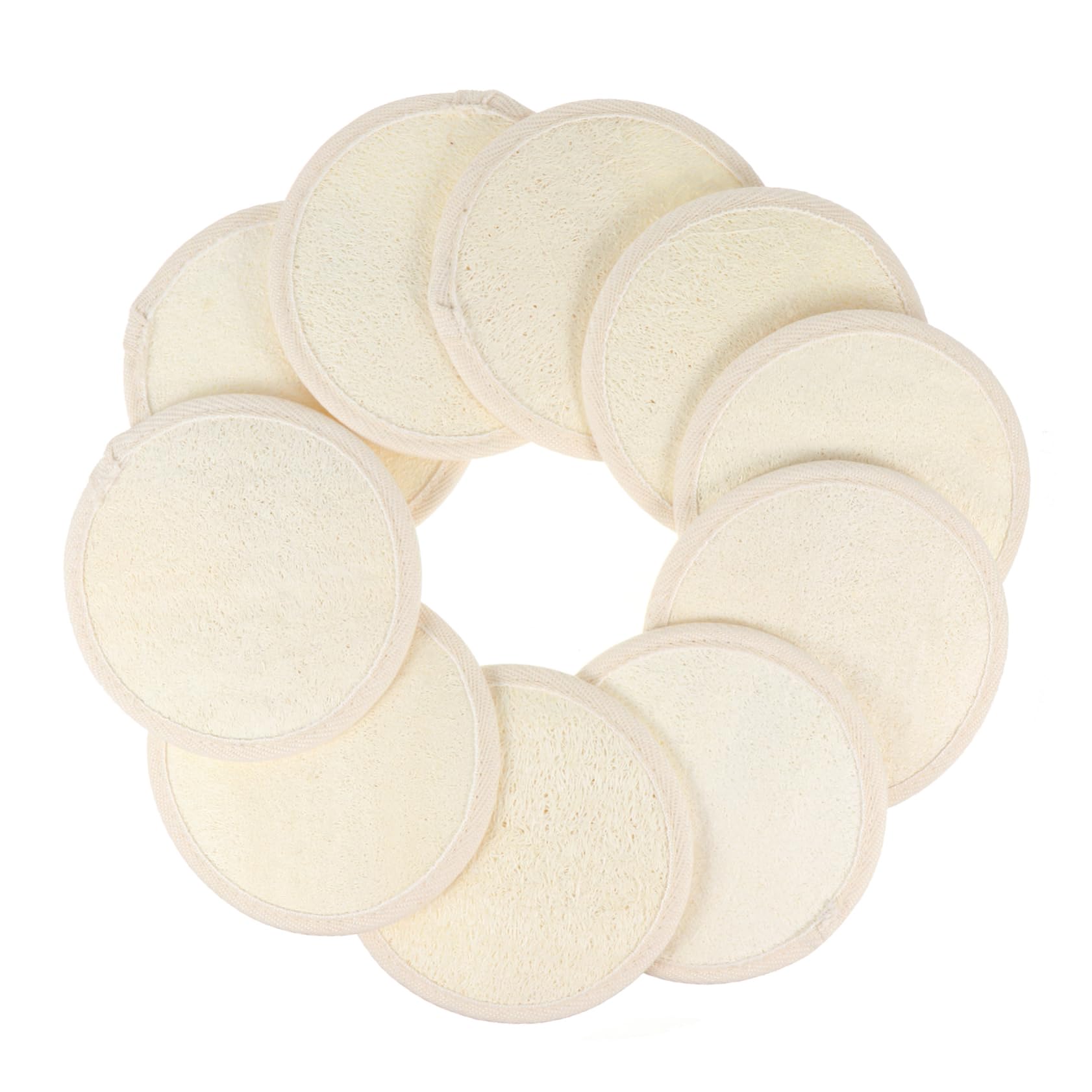 Spugna Esfoliante da Bagno Rotonda 10 Pezzi in Luffa e Cotone | Bianco, Fascia Elastica Posteriore, Si Espande L’acqua e Lascia la Pelle Liscia
