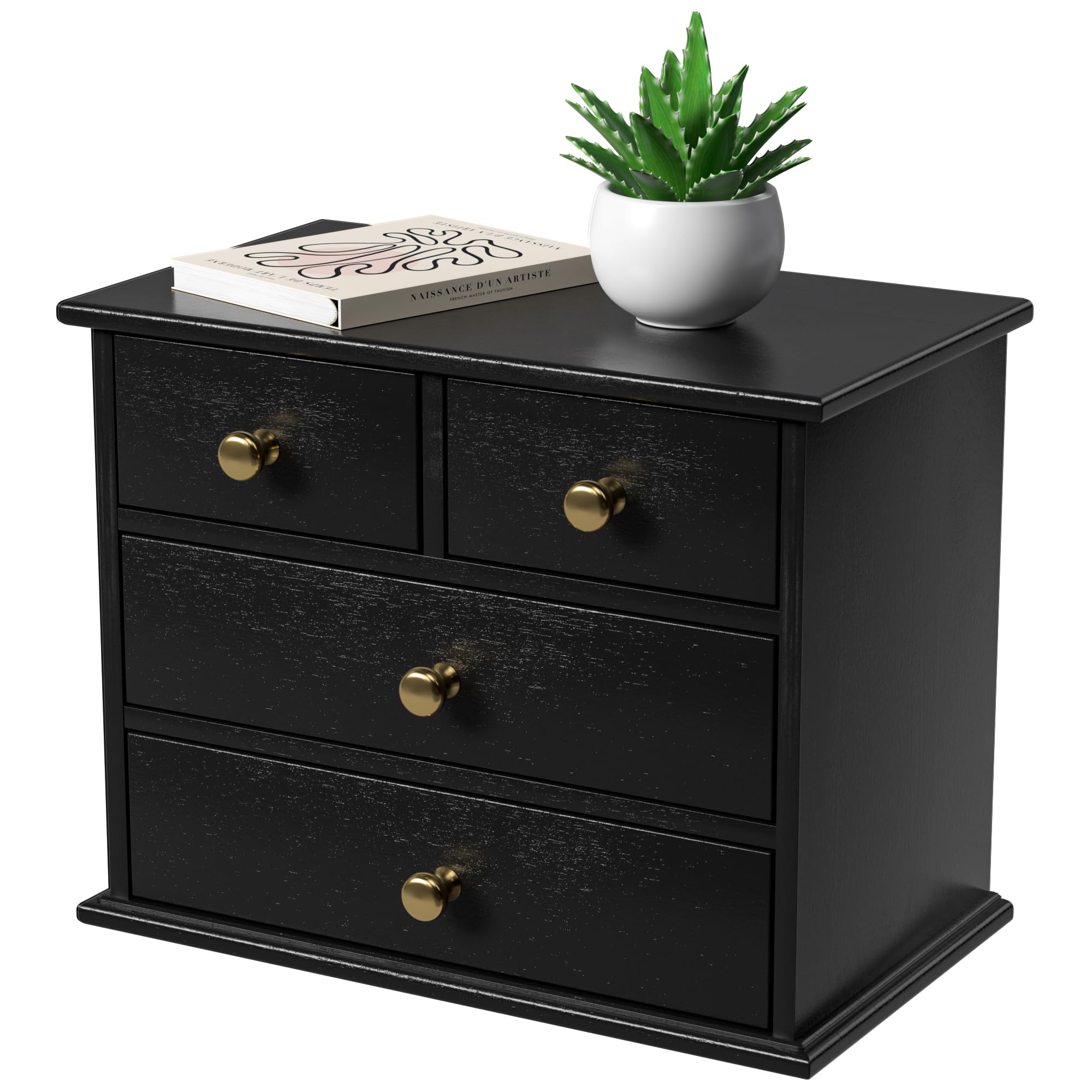 Photo 1 of Oak Desk Organizer with Drawers, Durable Wooden Desktop Storage Box with Metal Handles & Non-Slip Silicone Pads, 4 Drawer Tabletop Organizer for Office, Bedroom, Bathroom, Vanity, and Makeup – Black