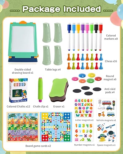 Miniatura 6 de Elovien Caballete para niños, caballete de mesa para niños pequeños, caballete de arte plegable 4 en 1 de doble cara para niños con pizarra y