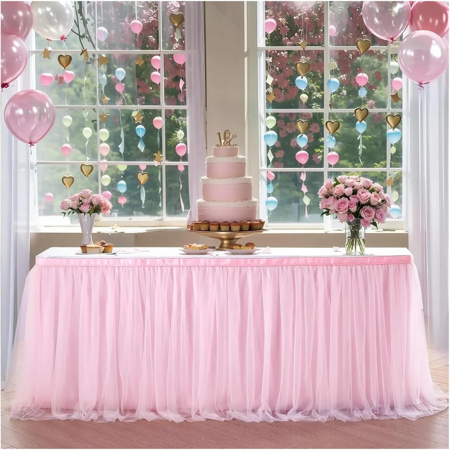 Party Table Skirt Table Skirt for Birthday Party Tutu Cloths for Weddings Shower Bridal Dessert Cake Decorations(Pink,14FT 427 X 78cm)