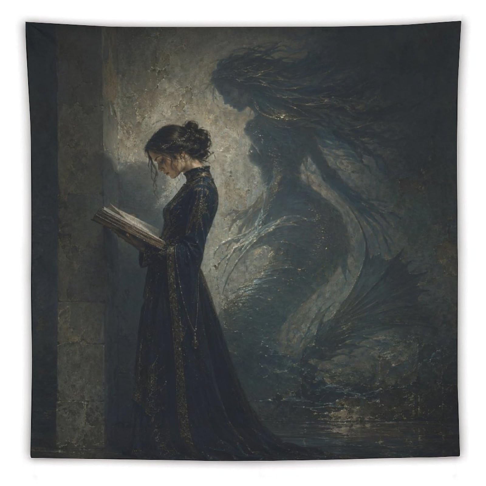 W7C8U2X3 Woman Reading Dragon Shadow Wall Tapestry, Apartment