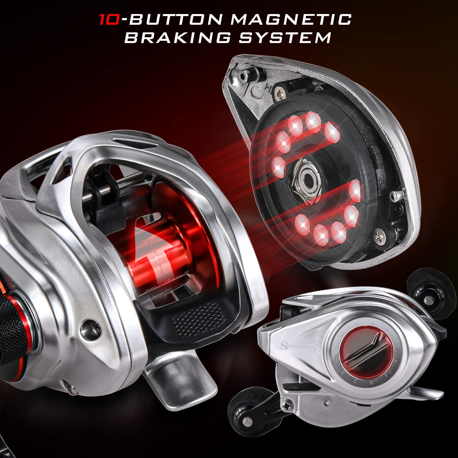 Sougayilang Max Baitcasting 8.0:1 Moulinet de pêche à haute vitesse 8,2 kg en fibre de carbone avec système de freinage magnétique pour pêche en eau douce et salée
