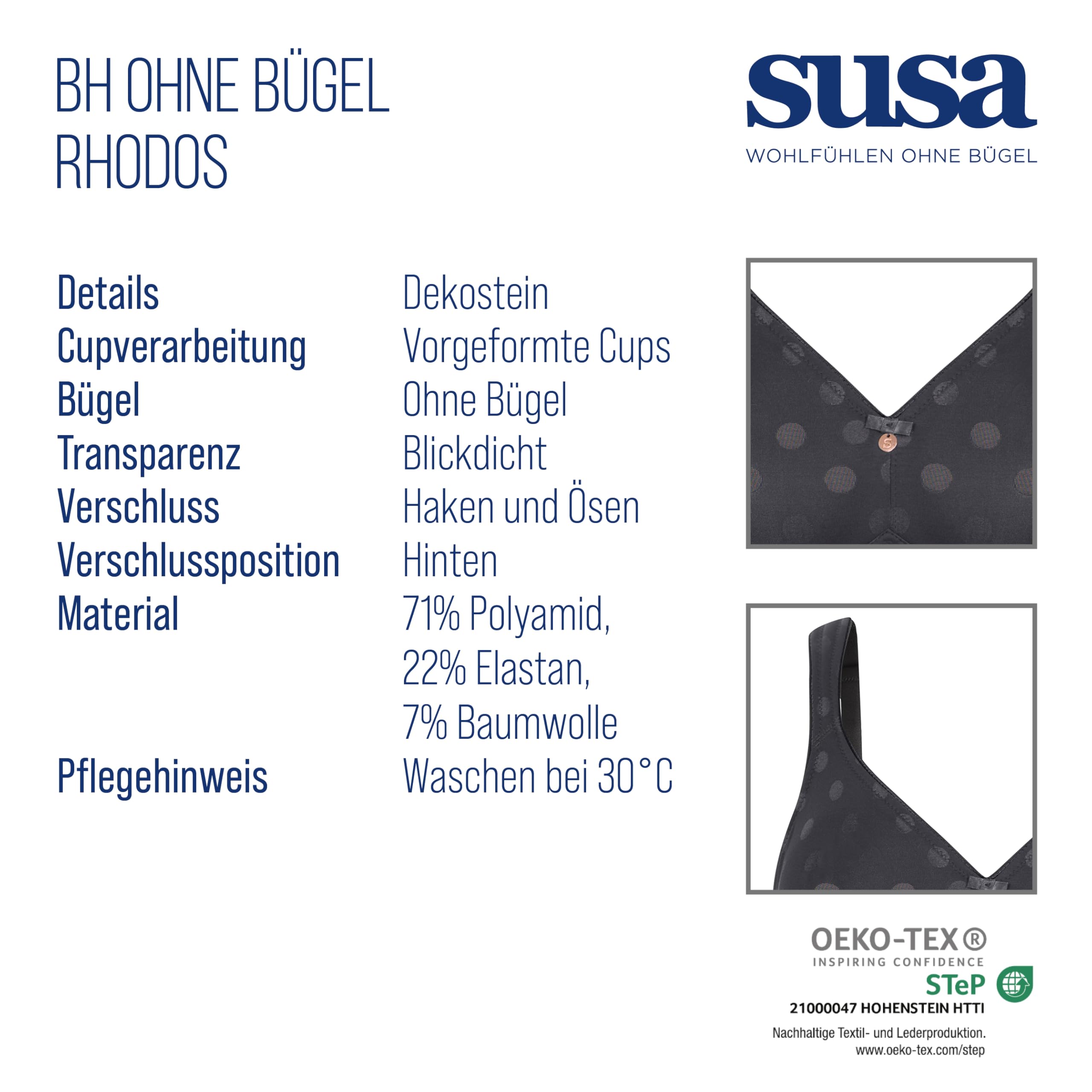 SUSA BH Damen ohne Bügel Rhodos, Damen-BHs mit genähten Cups & breiten Trägern, Dessous mit optimaler Passform