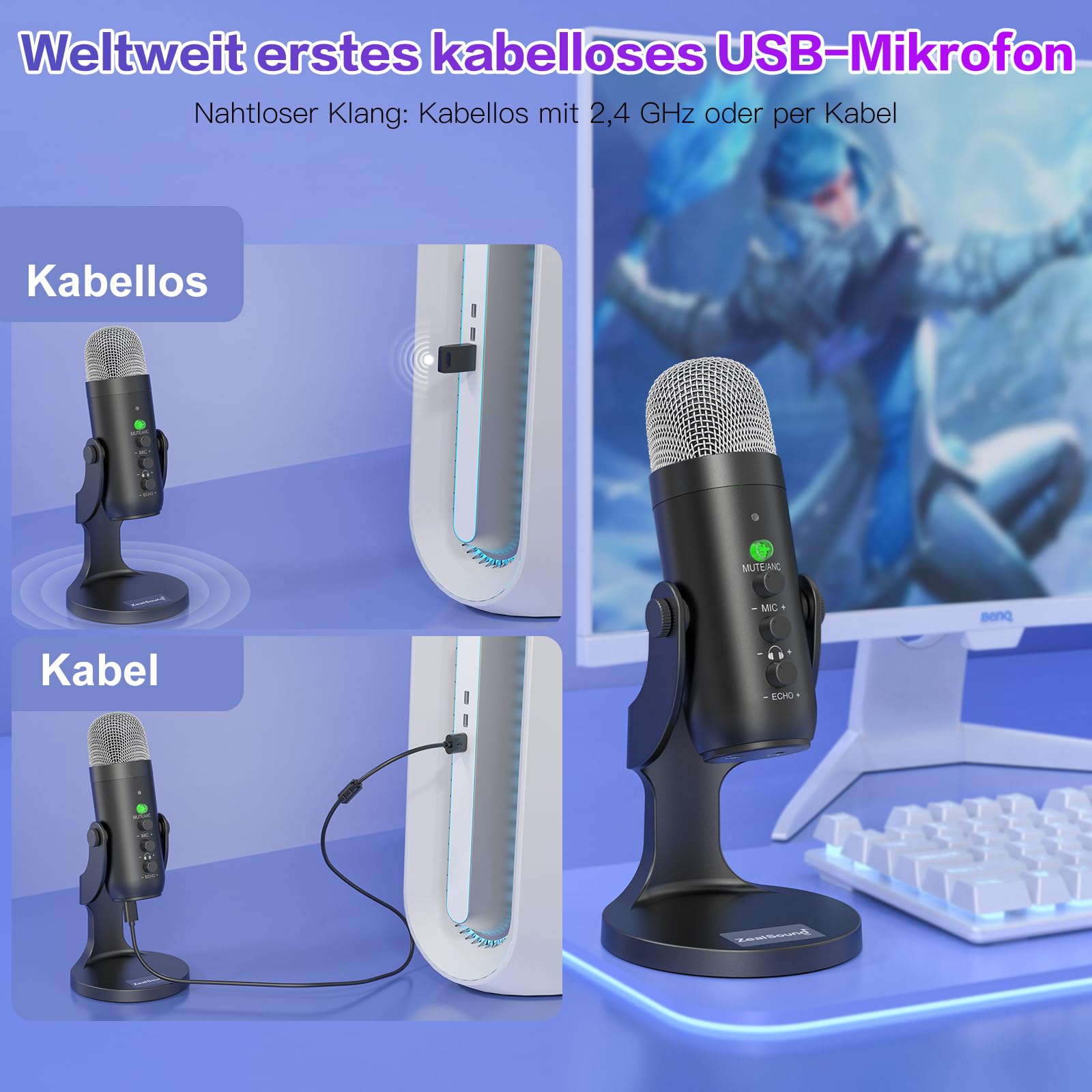zealsound Microphone USB, microphone à condensateur, K66 sans fil, noir