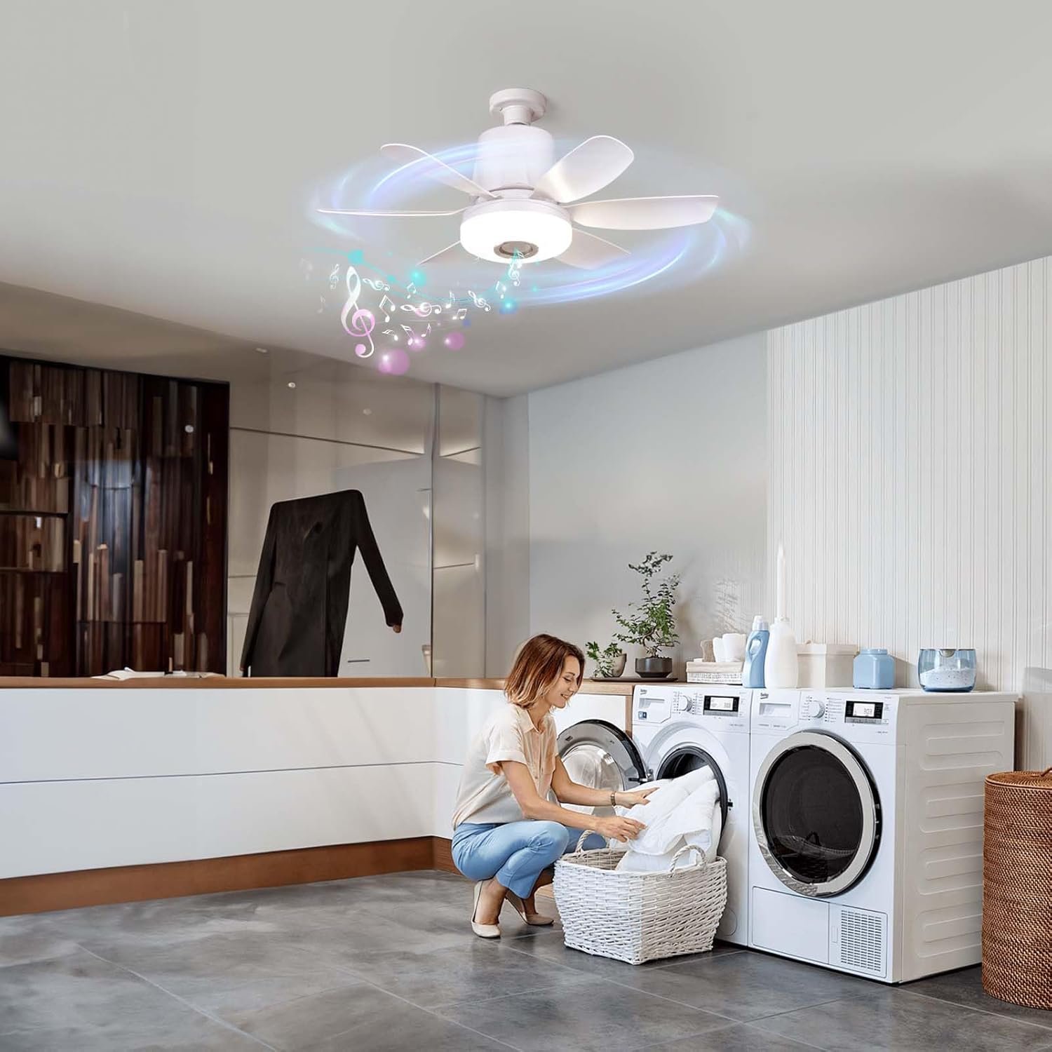 4 in 1 Socket Fan Light with Remote, 18.5 inch Small Ceiling Fans with Dimmable Led Light, Bluetooth Speaker, 3 Colors, 3 RGB Mode, 3 Fan Speeds, Screw in E26 Base for Bedroom Kitchen -White