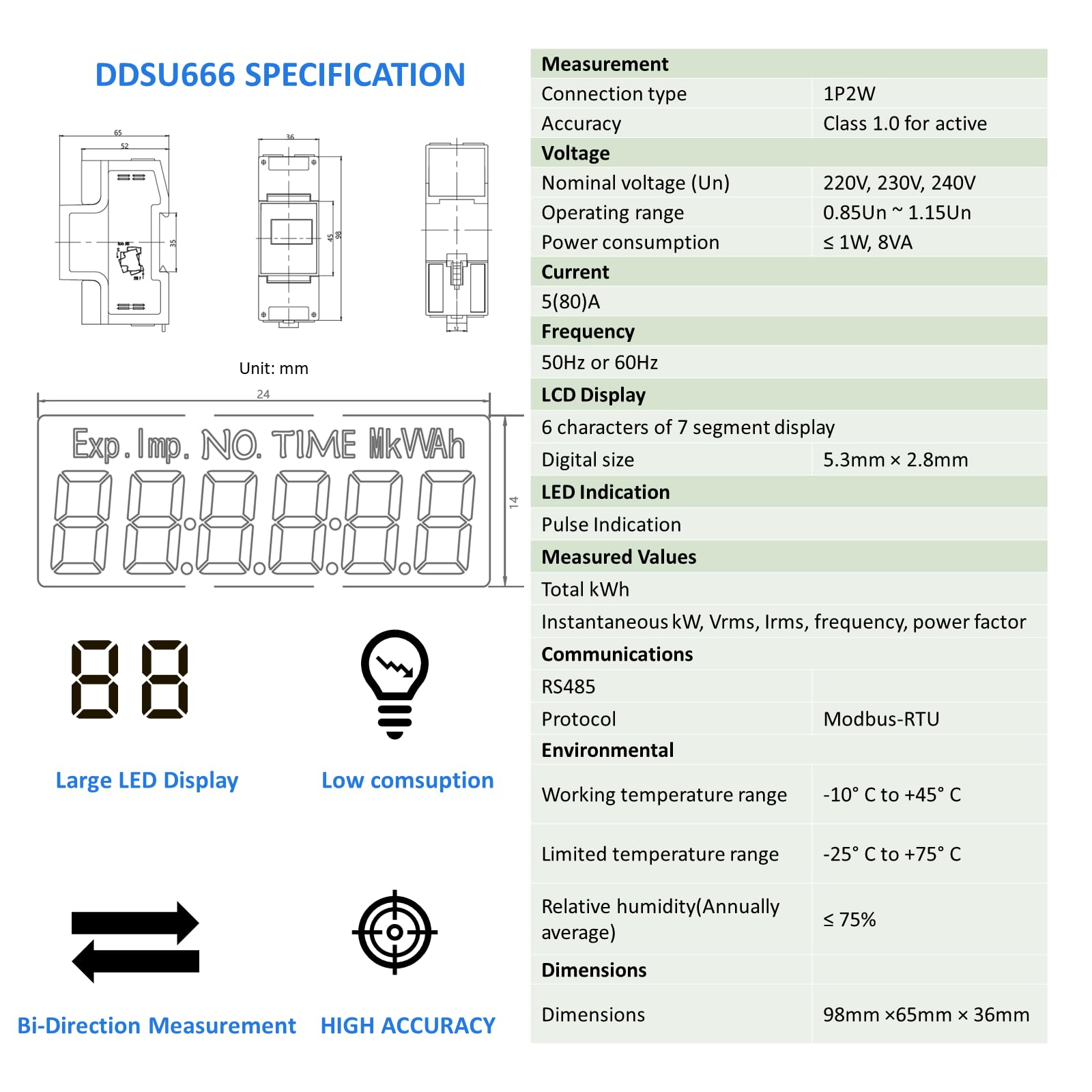 CHINT DDSU666 Contatore elettronico di energia intelligente monofase DIN35mm 5(80) A a connessione diretta con interfaccia RS485, conforme a Modbus RTU, certificato MID