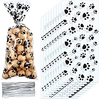 Blulu 100 Pack Paw Print Cellophane Treat Bags with Silver Twist Ties - Heat Sealable Dog Puppy Party Favors