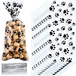 Blulu 100 Pack Paw Print Cellophane Treat Bags with Silver Twist Ties - Heat Sealable Dog Puppy Party Favors