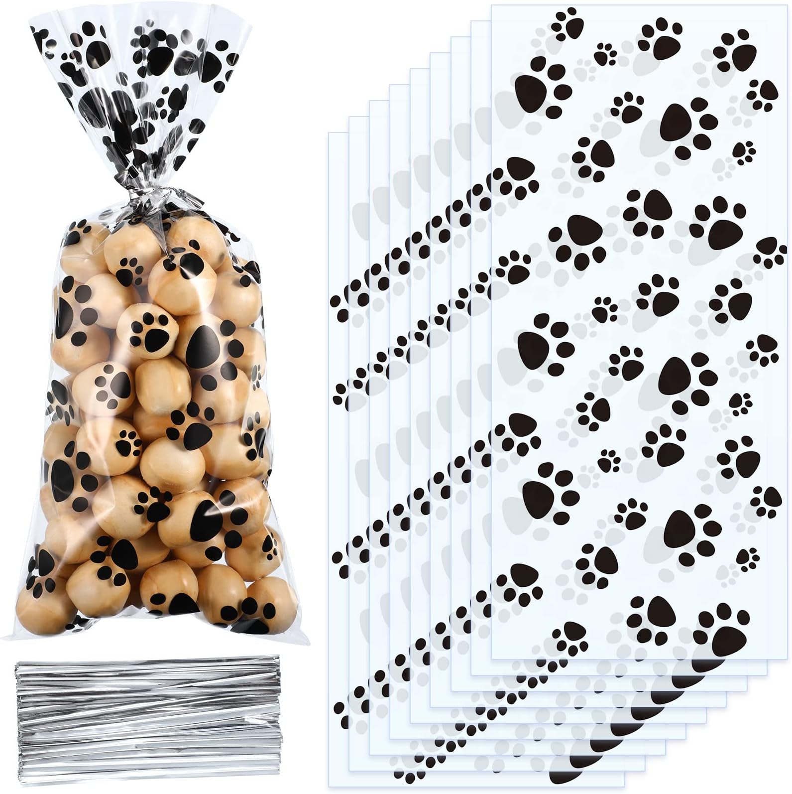 Blulu 100 Pieces Dog Treat Bags Puppy Party Favor Pet Paw Cone Cellophane Bags Candy Heat SealableDog Paw Gift with 100 Pieces Silver Twist Ties for Pet Cat Treat Party Favor(Black)